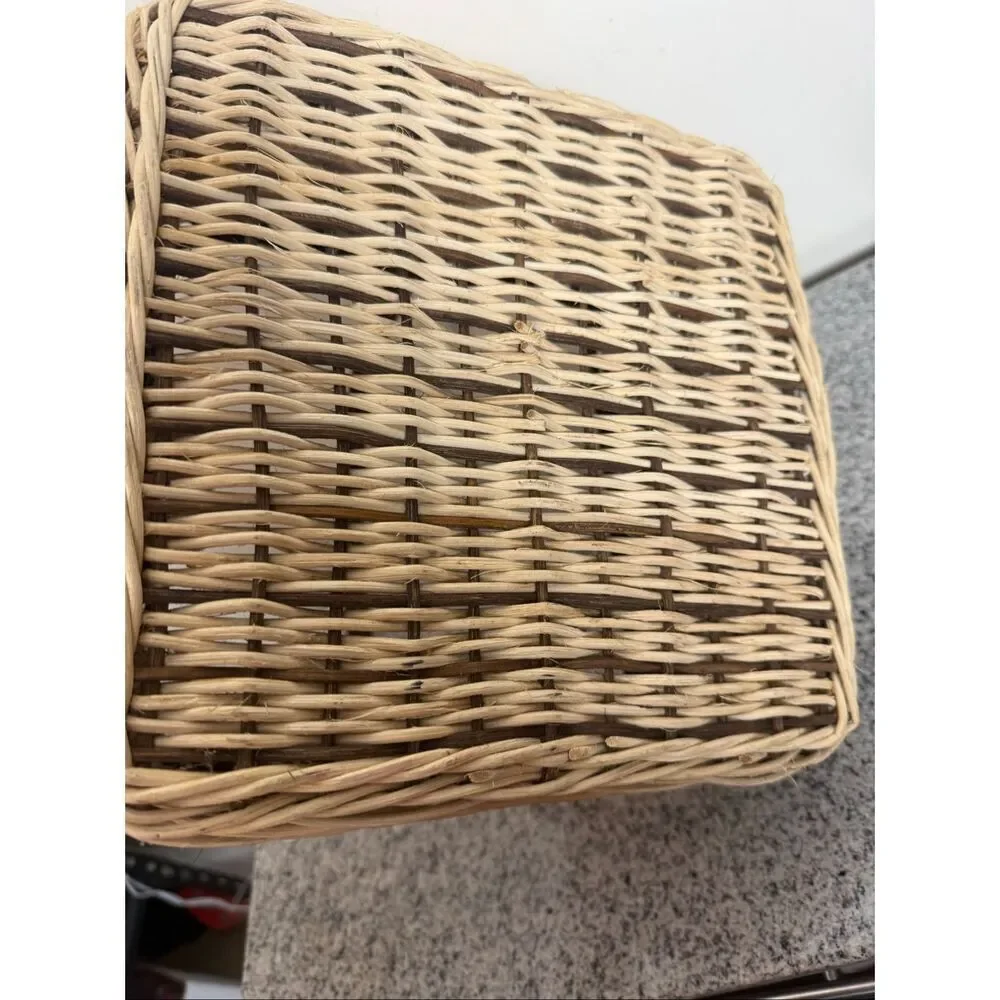 Vintage Square Woven Rattan Basket with Leather Handle & Brass Buckle – 9”